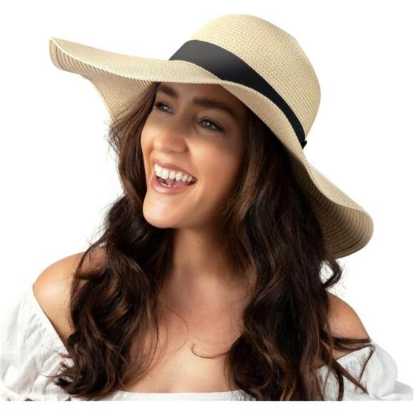Women Floppy Sun Hat with Wide Brim—Foldable Roll-Up Straw Beach Hat UPF 50 - Picture 1 of 7